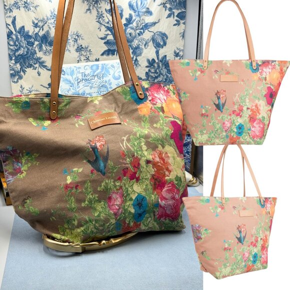 🆕 CHRISTIAN LACROIX 🧿 NWOT Shopping Tote Eden 1 Printed Canvas Taupe & Florals - Picture 1 of 16